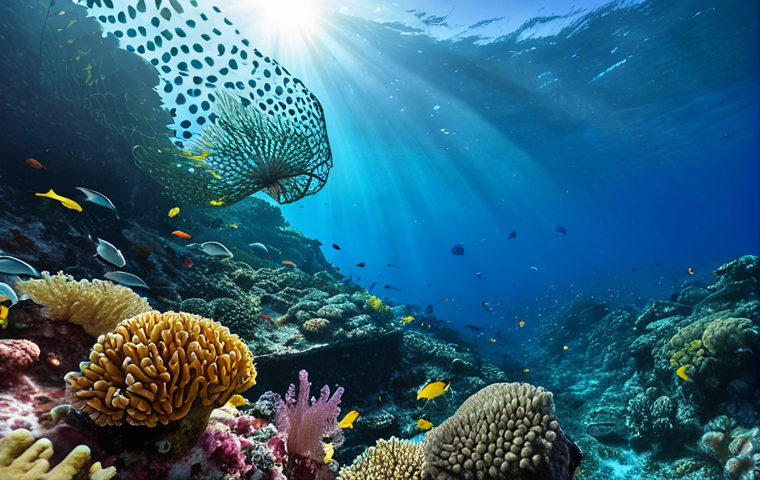**
A vibrant, underwater scene showcasing a Mediterranean coral reef teeming with life. Schools of colorful fish swim amongst healthy coral. In the distance, a ghost net (abandoned fishing net) is entangled on the reef, but clearly, the area is thriving. The sun filters down through the clear water, illuminating the scene. Capture the beauty and resilience of the Mediterranean marine ecosystem. Style: Realistic, vibrant, high-resolution.
**