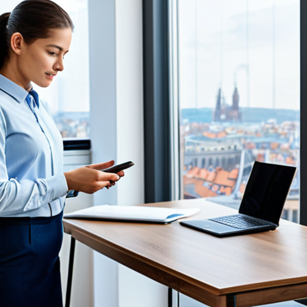A modern individual, fully clothed in professional, modest attire, is carefully examining a sleek, compact IoT air quality sensor positioned on a clean, modern desk. In their well-formed hands, they hold a smartphone displaying an air quality app interface. The background shows a bright, minimalist office space with large windows overlooking a clean and vibrant European cityscape. The overall atmosphere is calm and focused on data interpretation. Perfect anatomy, correct proportions, natural pose, well-formed hands, proper finger count, natural body proportions, professional photography, high quality, detailed, realistic, clean aesthetic, safe for work, appropriate content, fully clothed, professional dress, appropriate attire, family-friendly.
