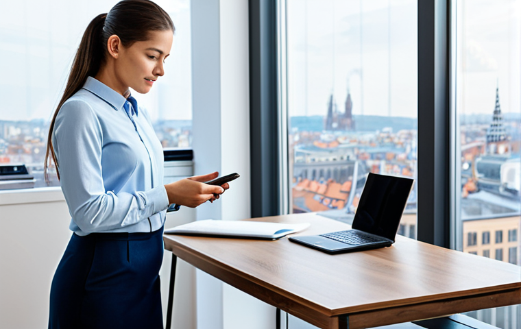 A modern individual, fully clothed in professional, modest attire, is carefully examining a sleek, compact IoT air quality sensor positioned on a clean, modern desk. In their well-formed hands, they hold a smartphone displaying an air quality app interface. The background shows a bright, minimalist office space with large windows overlooking a clean and vibrant European cityscape. The overall atmosphere is calm and focused on data interpretation. Perfect anatomy, correct proportions, natural pose, well-formed hands, proper finger count, natural body proportions, professional photography, high quality, detailed, realistic, clean aesthetic, safe for work, appropriate content, fully clothed, professional dress, appropriate attire, family-friendly.