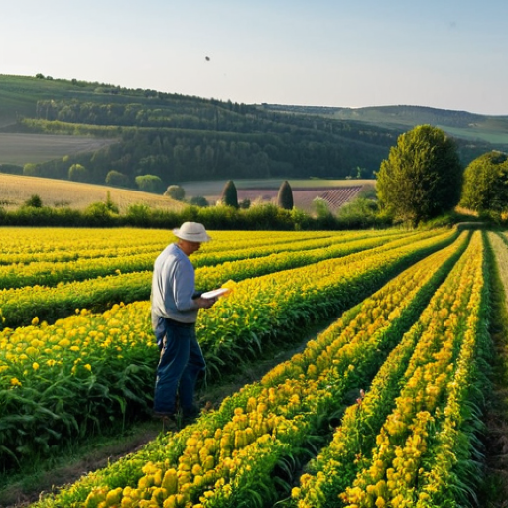 French Organic Farm Scene**
A picturesque French farm in the Lot-et-Garonne region, featuring rotated crops of legumes and cereals in neat rows. A fully clothed farmer is inspecting the field. In the background, rolling hills and a traditional stone farmhouse can be seen. Focus on the biodiversity, with hedgerows full of wildflowers and buzzing with insects. Golden hour lighting. safe for work, appropriate content, fully clothed, professional, perfect anatomy, correct proportions, natural pose, well-formed hands, proper finger count, natural body proportions, high quality, professional photography.
**
