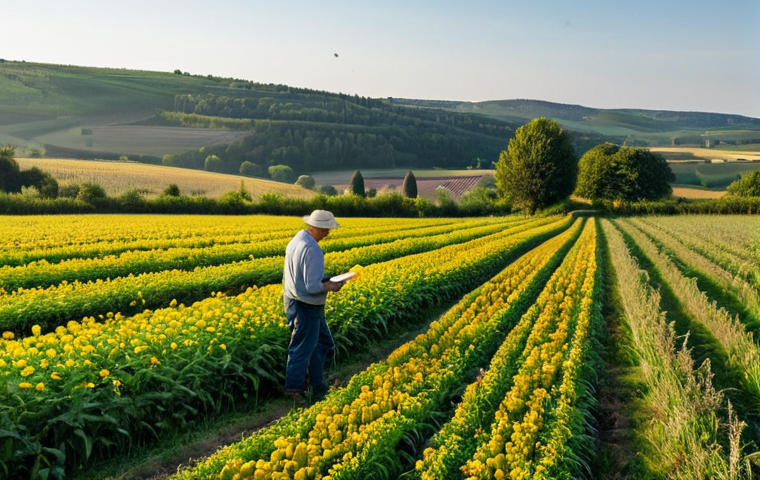 French Organic Farm Scene**

A picturesque French farm in the Lot-et-Garonne region, featuring rotated crops of legumes and cereals in neat rows. A fully clothed farmer is inspecting the field. In the background, rolling hills and a traditional stone farmhouse can be seen. Focus on the biodiversity, with hedgerows full of wildflowers and buzzing with insects. Golden hour lighting. safe for work, appropriate content, fully clothed, professional, perfect anatomy, correct proportions, natural pose, well-formed hands, proper finger count, natural body proportions, high quality, professional photography.

**