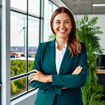 **
A professional businesswoman in a modest, stylish, environmentally conscious office, surrounded by plants and sustainable materials. She is smiling and looking confidently at the viewer. The office features large windows overlooking a green cityscape with visible solar panels and wind turbines in the distance. Fully clothed in appropriate business attire. Safe for work. Perfect anatomy, correct proportions, natural pose, well-formed hands, proper finger count. Professional, modest, family-friendly, high-quality rendering.
**