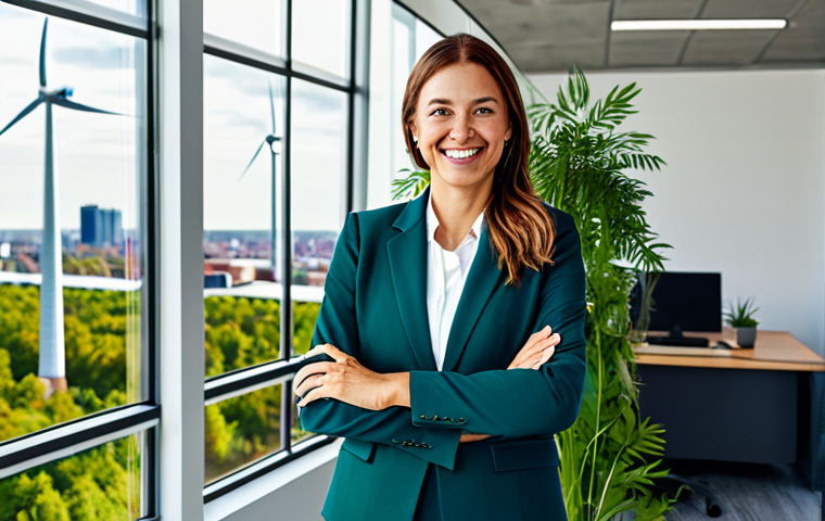 **

A professional businesswoman in a modest, stylish, environmentally conscious office, surrounded by plants and sustainable materials. She is smiling and looking confidently at the viewer. The office features large windows overlooking a green cityscape with visible solar panels and wind turbines in the distance. Fully clothed in appropriate business attire. Safe for work. Perfect anatomy, correct proportions, natural pose, well-formed hands, proper finger count. Professional, modest, family-friendly, high-quality rendering.

**