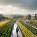 지속 가능한 개발 - **Prompt:** A visually rich scene depicting a European urban landscape actively adapting to climate ...