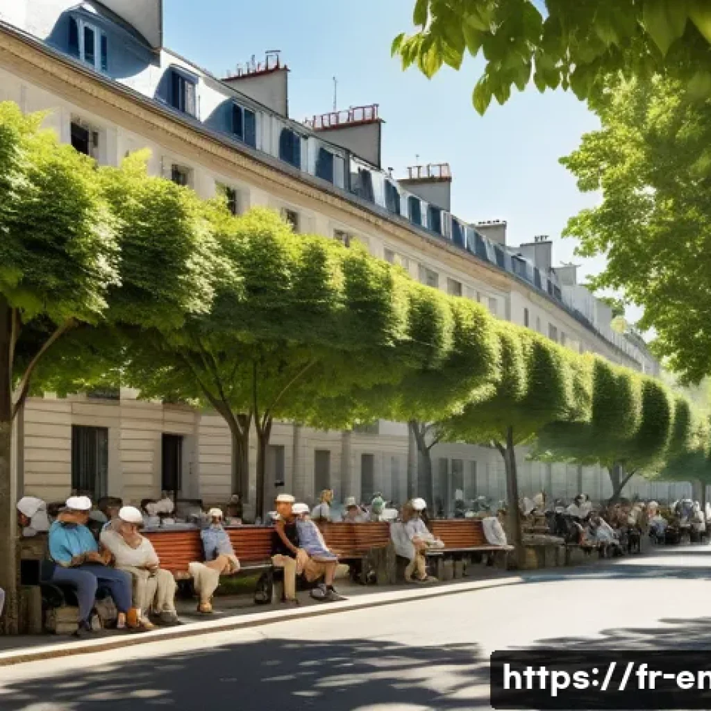 기후 변화와 건강 위험 - A detailed urban scene in a Parisian neighborhood during a severe heatwave: elderly people sitting o...