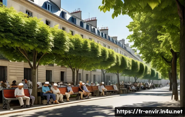 기후 변화와 건강 위험 - A detailed urban scene in a Parisian neighborhood during a severe heatwave: elderly people sitting o...