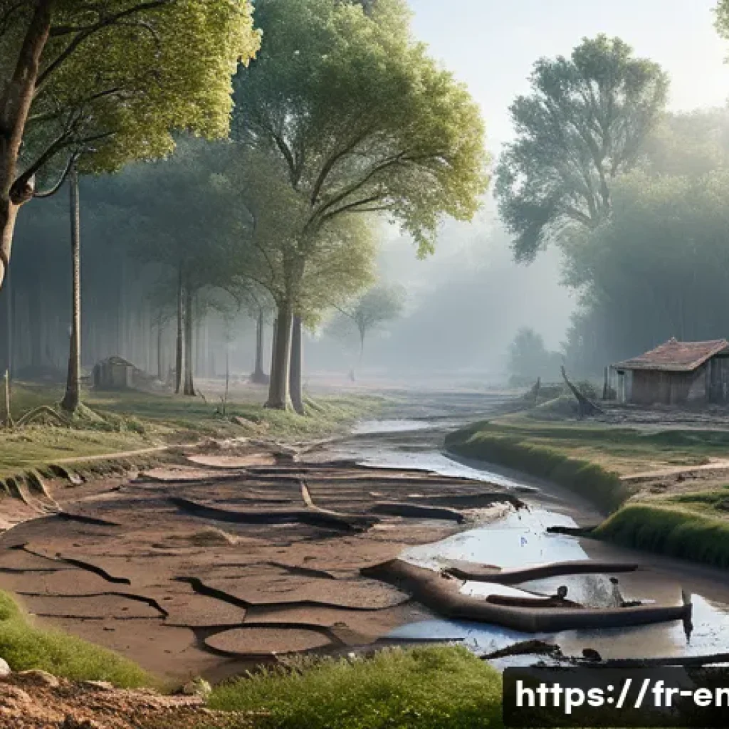 산림 파괴와 생물 다양성 - A detailed scene of a French rural forest landscape showing visible effects of deforestation: eroded...
