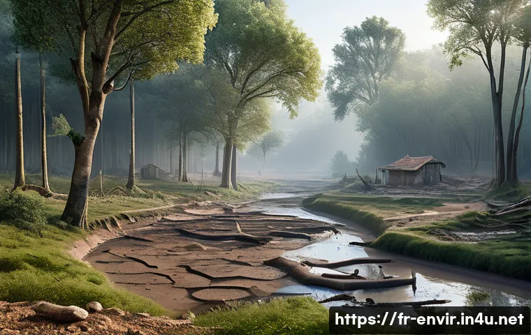 산림 파괴와 생물 다양성 - A detailed scene of a French rural forest landscape showing visible effects of deforestation: eroded...