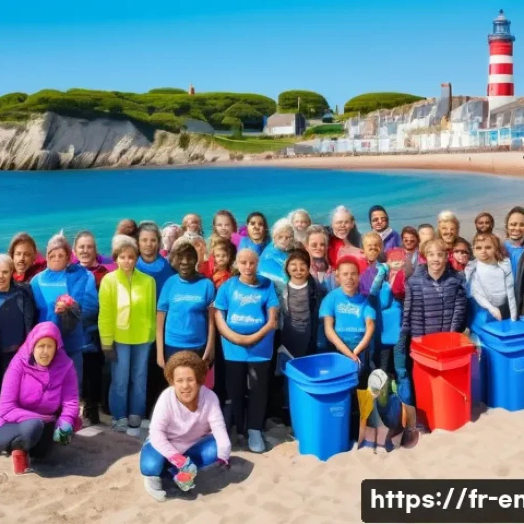 해양 오염 문제 해결 - A vibrant coastal beach cleanup scene in a small French seaside town, diverse group of volunteers in...