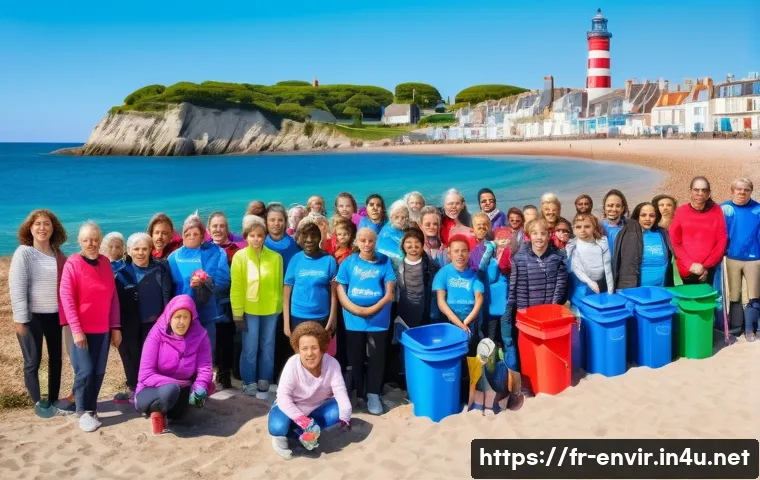 해양 오염 문제 해결 - A vibrant coastal beach cleanup scene in a small French seaside town, diverse group of volunteers in...