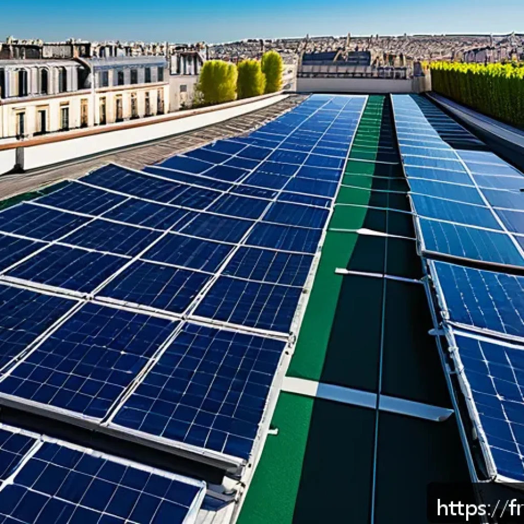 환경학 연구의 최신 동향 - A modern French urban rooftop covered with bifacial solar panels gleaming under a clear sky, reflect...