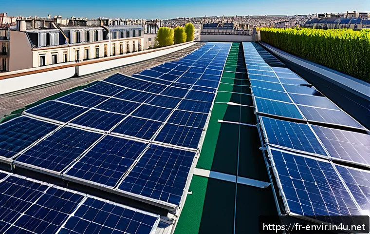 환경학 연구의 최신 동향 - A modern French urban rooftop covered with bifacial solar panels gleaming under a clear sky, reflect...