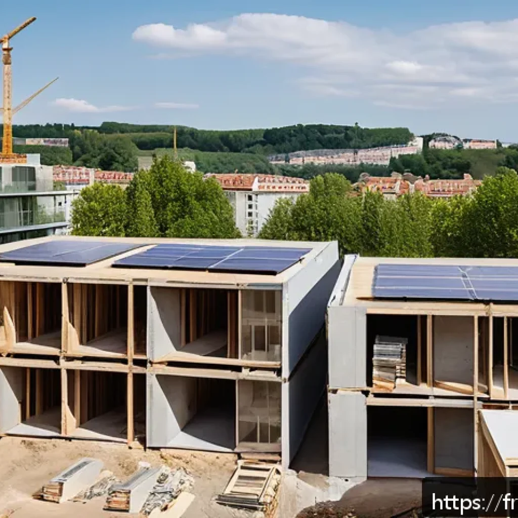 환경학의 미래 방향 - A modern eco-friendly residential construction site in Lyon, showcasing low-carbon concrete building...