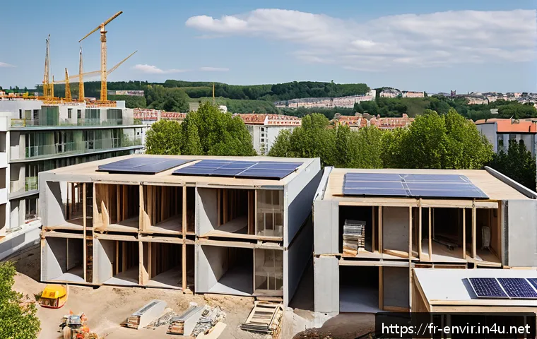 환경학의 미래 방향 - A modern eco-friendly residential construction site in Lyon, showcasing low-carbon concrete building...