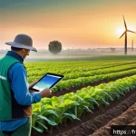 친환경 기술의 발전 - A modern French precision farm landscape at sunrise, featuring vast fields equipped with IoT soil an...