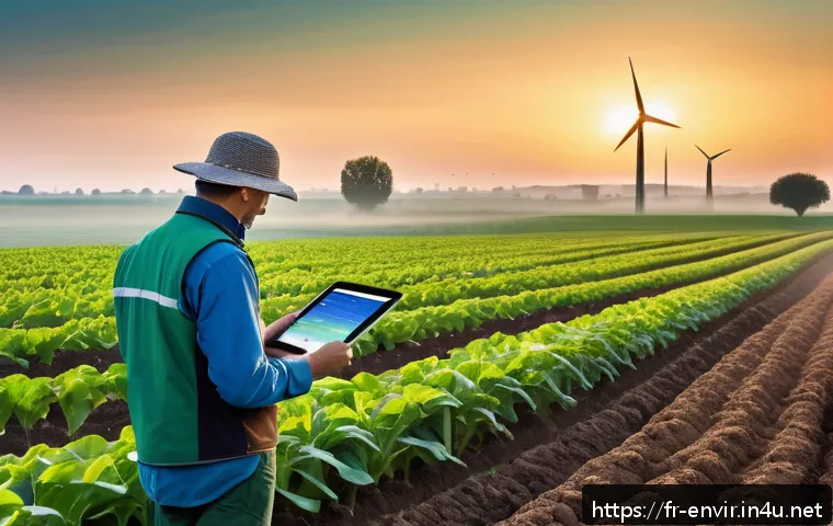 친환경 기술의 발전 - A modern French precision farm landscape at sunrise, featuring vast fields equipped with IoT soil an...