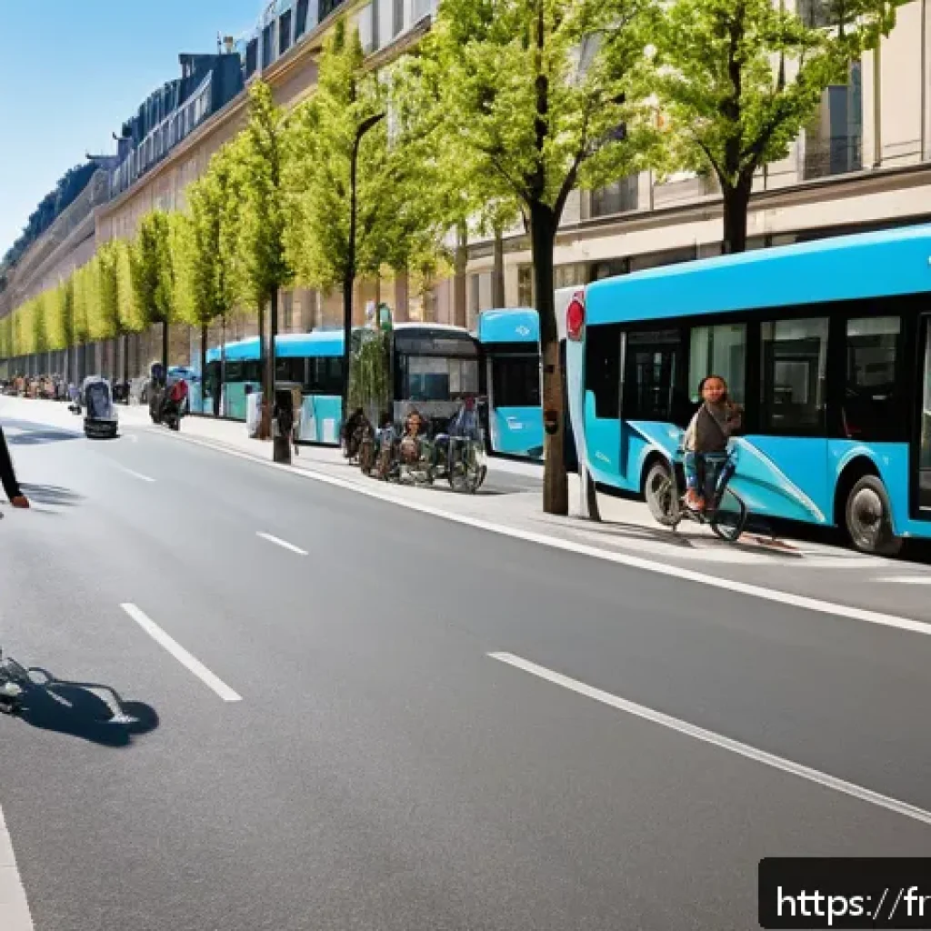 기후 변화와 글로벌 경제 - A modern French urban street scene illustrating sustainable mobility: wide, tree-lined avenues with ...