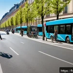 기후 변화와 글로벌 경제 - A modern French urban street scene illustrating sustainable mobility: wide, tree-lined avenues with ...