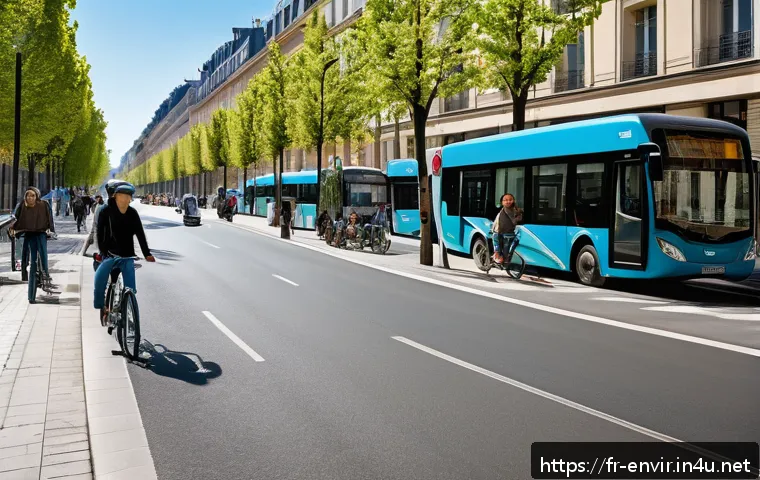 기후 변화와 글로벌 경제 - A modern French urban street scene illustrating sustainable mobility: wide, tree-lined avenues with ...