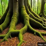 환경학의 이론과 실천 - A vibrant forest ecosystem scene showcasing invisible ecological interactions: close-up of tree root...