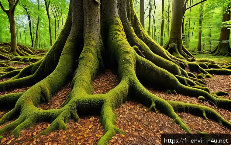 환경학의 이론과 실천 - A vibrant forest ecosystem scene showcasing invisible ecological interactions: close-up of tree root...