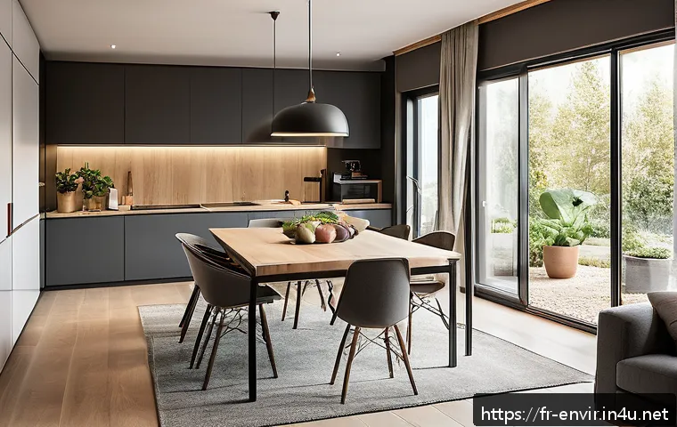 지속 가능한 에너지 소비 모델 - A cozy modern French home interior with large double-glazed windows allowing abundant natural light,...