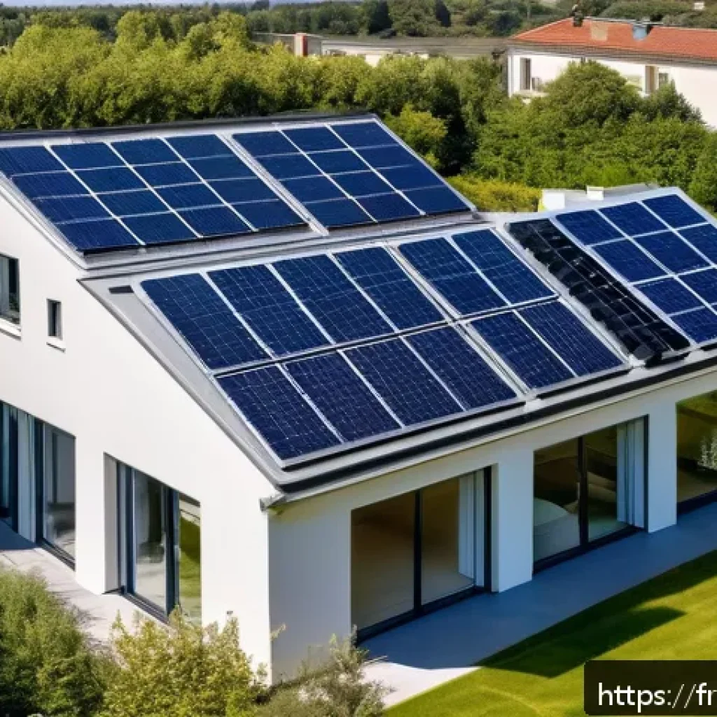 환경 기술 혁신 - A modern French suburban house rooftop covered with sleek, high-efficiency solar panels under a clea...