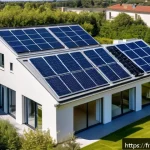 환경 기술 혁신 - A modern French suburban house rooftop covered with sleek, high-efficiency solar panels under a clea...