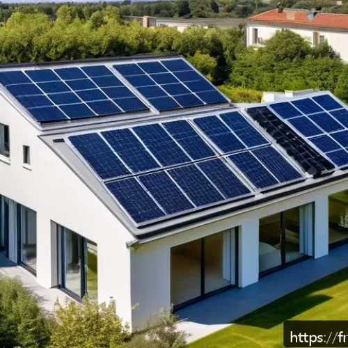 환경 기술 혁신 - A modern French suburban house rooftop covered with sleek, high-efficiency solar panels under a clea...