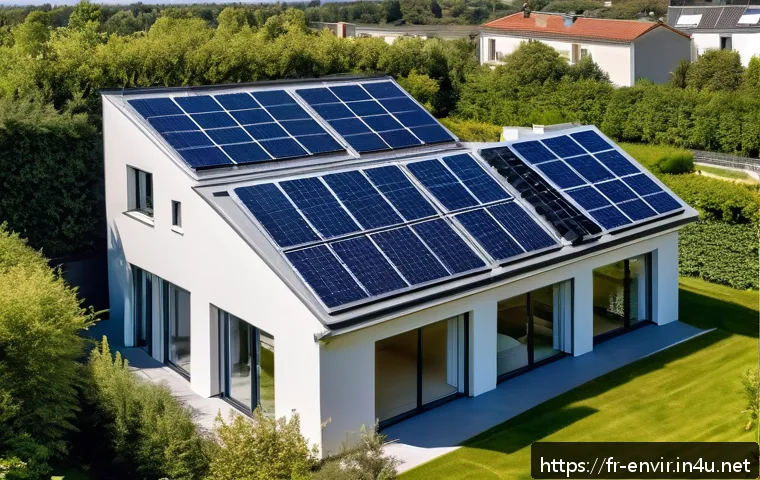 환경 기술 혁신 - A modern French suburban house rooftop covered with sleek, high-efficiency solar panels under a clea...