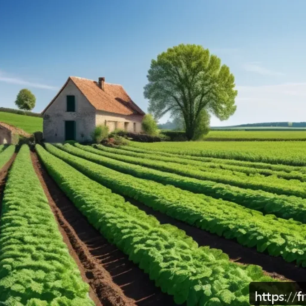 지속 가능한 농업과 식량 생산 - A vibrant French organic farm landscape during spring, showcasing fields with diverse crops includin...
