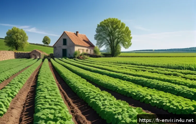 지속 가능한 농업과 식량 생산 - A vibrant French organic farm landscape during spring, showcasing fields with diverse crops includin...