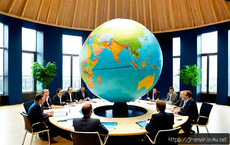 기후 변화 대응을 위한 국제적 노력 - Photorealistic international climate summit in a modern Paris conference hall, diverse delegates fro...