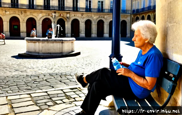 기후 변화와 사회적 영향 - Photorealistic summer heatwave in a French city square, elderly French couple resting on a shaded be...
